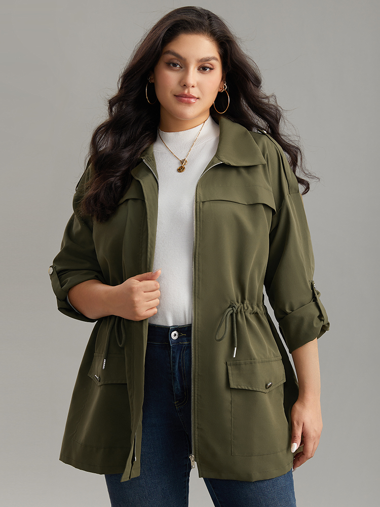 

Plus Size Solid Zipper Drawstring Tab Sleeve Trench Coat Women ArmyGreen Casual Plain Ladies Dailywear Winter Coats BloomChic