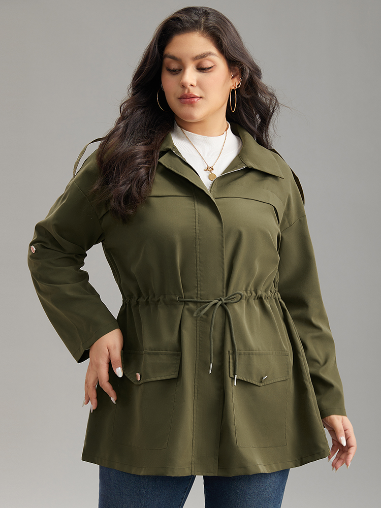 

Plus Size Solid Zipper Drawstring Tab Sleeve Trench Coat Women ArmyGreen Casual Plain Ladies Dailywear Winter Coats BloomChic