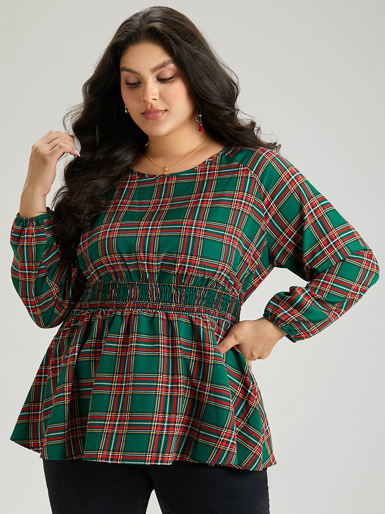 

Plus Size Green Christmas Plaid Shirred Ruffle Hem Blouse Women Elegant Long Sleeve Round Neck Festival-Christmas Blouses BloomChic