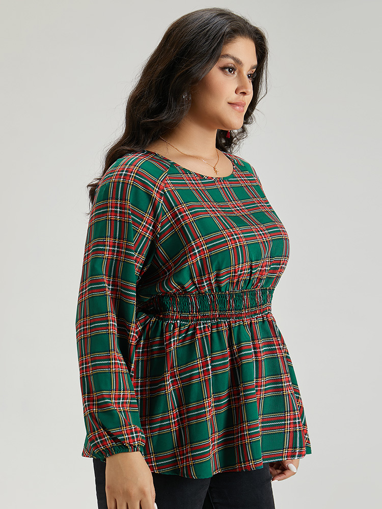 Plus Size Green Christmas Plaid Shirred Ruffle Hem Blouse Women Elegant Long Sleeve Round Neck Festival-Christmas Blouses BloomChic 26/4X 