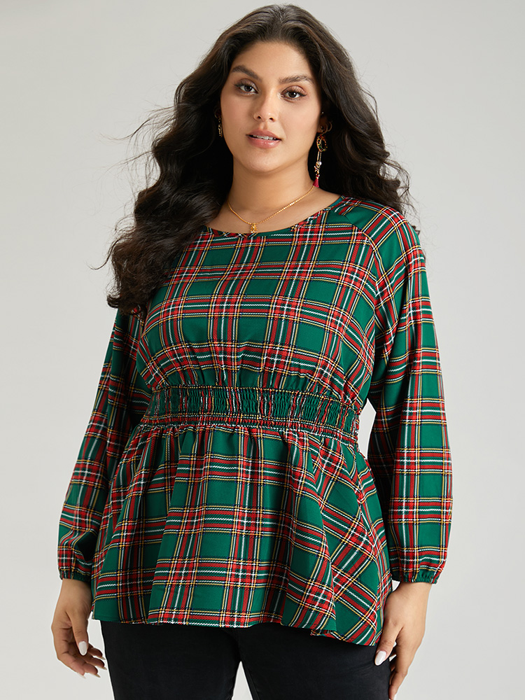 Plus Size Green Christmas Plaid Shirred Ruffle Hem Blouse Women Elegant Long Sleeve Round Neck Festival-Christmas Blouses BloomChic 26/4X 