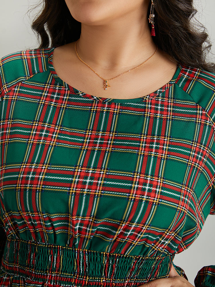 Plus Size Green Christmas Plaid Shirred Ruffle Hem Blouse Women Elegant Long Sleeve Round Neck Festival-Christmas Blouses BloomChic 26/4X 