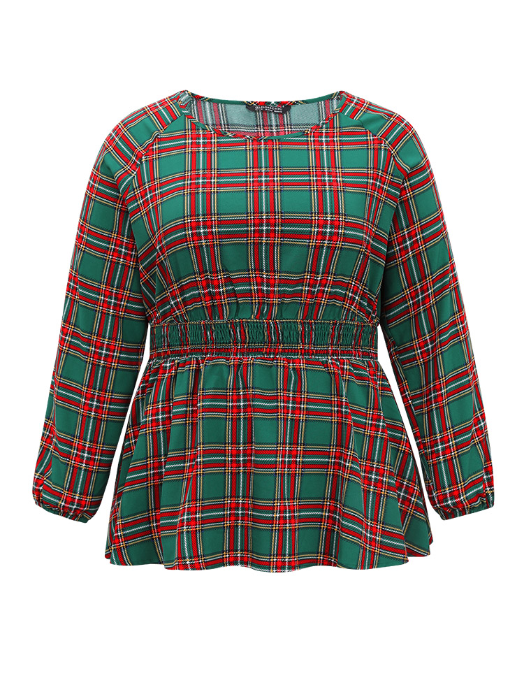 Plus Size Green Christmas Plaid Shirred Ruffle Hem Blouse Women Elegant Long Sleeve Round Neck Festival-Christmas Blouses BloomChic 26/4X 