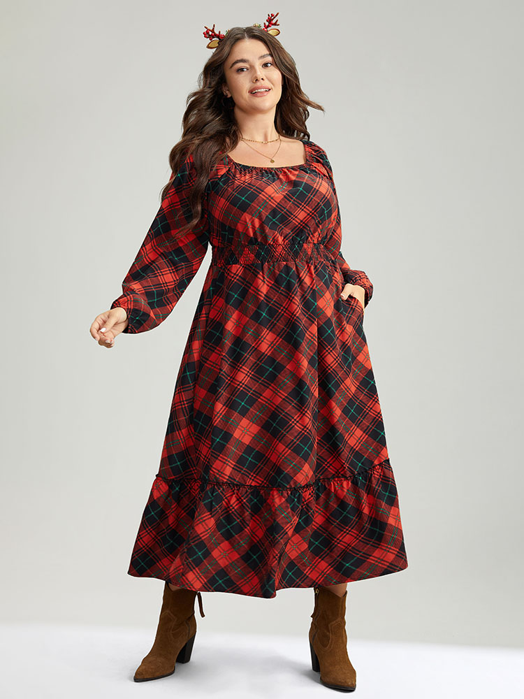 

Plus Size Plaid Shirred Frill Trim Pocket Square Neck Dress Scarlet Women Elegant Elastic cuffs Square Neck Long Sleeve Curvy Midi Dress BloomChic