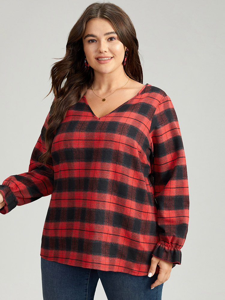 

Plus Size Scarlet Plaid V Neck Lantern Sleeve Ruffles Blouse Women Elegant Long Sleeve V-neck Festival-Christmas Blouses BloomChic