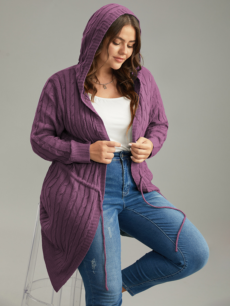 Plus Size Cable Knit Drawstring Front Hooded Cardigan Purple Women Casual Loose Long Sleeve Dailywear Cardigans BloomChic 28/5X 