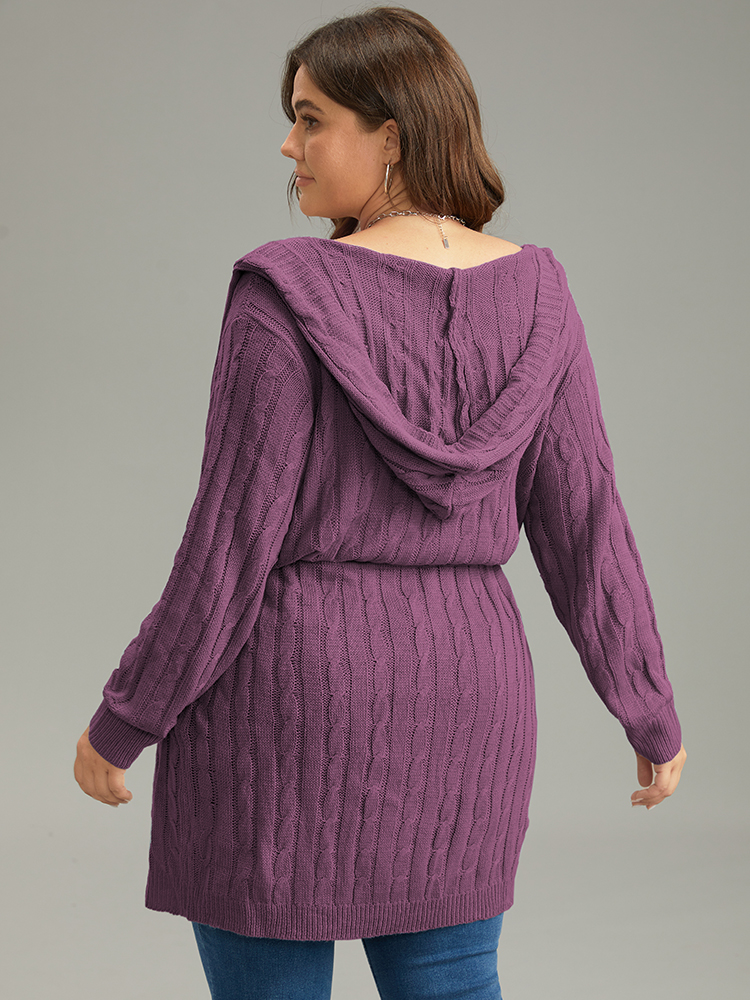 Plus Size Cable Knit Drawstring Front Hooded Cardigan Purple Women Casual Loose Long Sleeve Dailywear Cardigans BloomChic 28/5X 