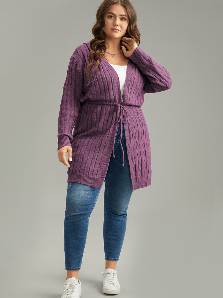 Plus Size Cable Knit Drawstring Front Hooded Cardigan Purple Women Casual Loose Long Sleeve Dailywear Cardigans BloomChic 28/5X 