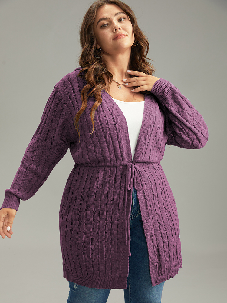 

Plus Size Cable Knit Drawstring Front Hooded Cardigan Purple Women Casual Loose Long Sleeve Dailywear Cardigans BloomChic