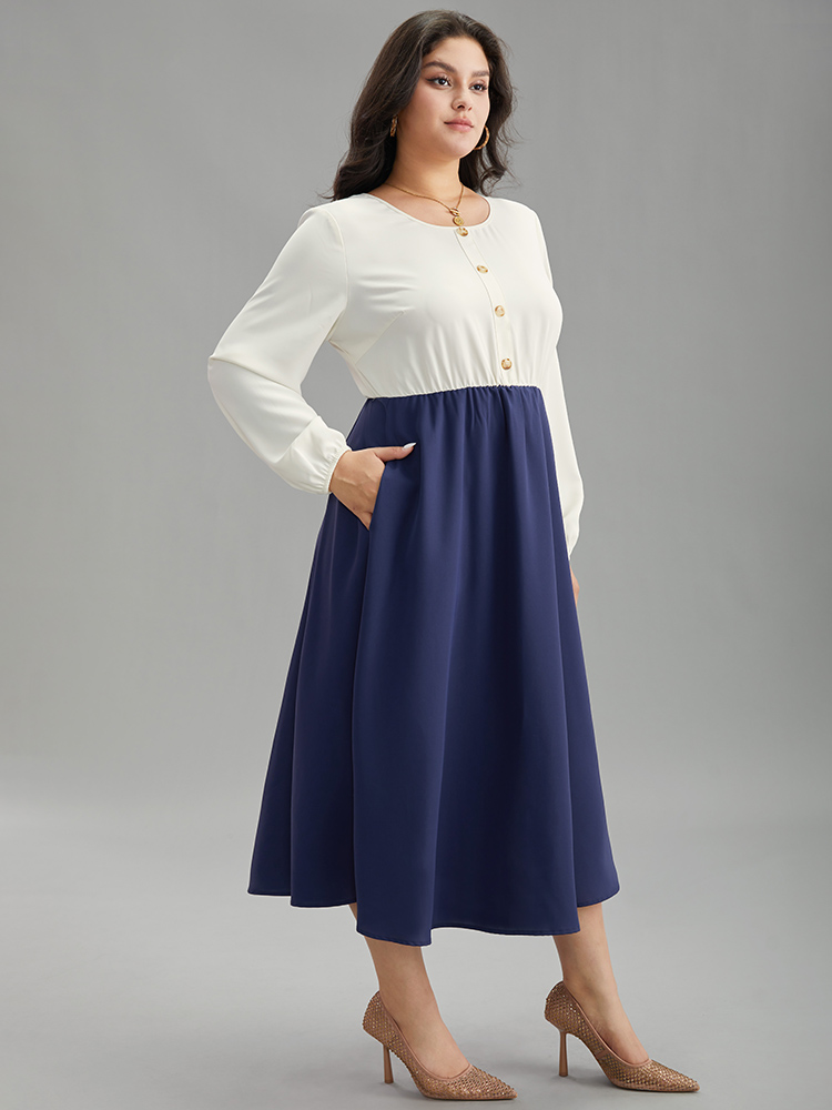 Plus Size Women Dailywear Colorblock Elastic cuffs Regular Sleeve Long Sleeve Round Neck Pocket Elegant Dresses BloomChic 