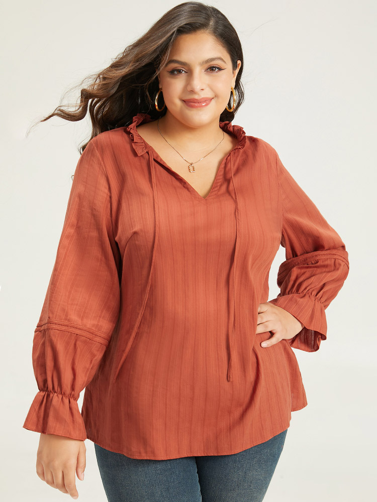 

Plus Size OrangeRed Plain Tie Neck Textured Ruffle Trim Blouse Women Elegant Long Sleeve Tie Neck Dailywear Blouses BloomChic