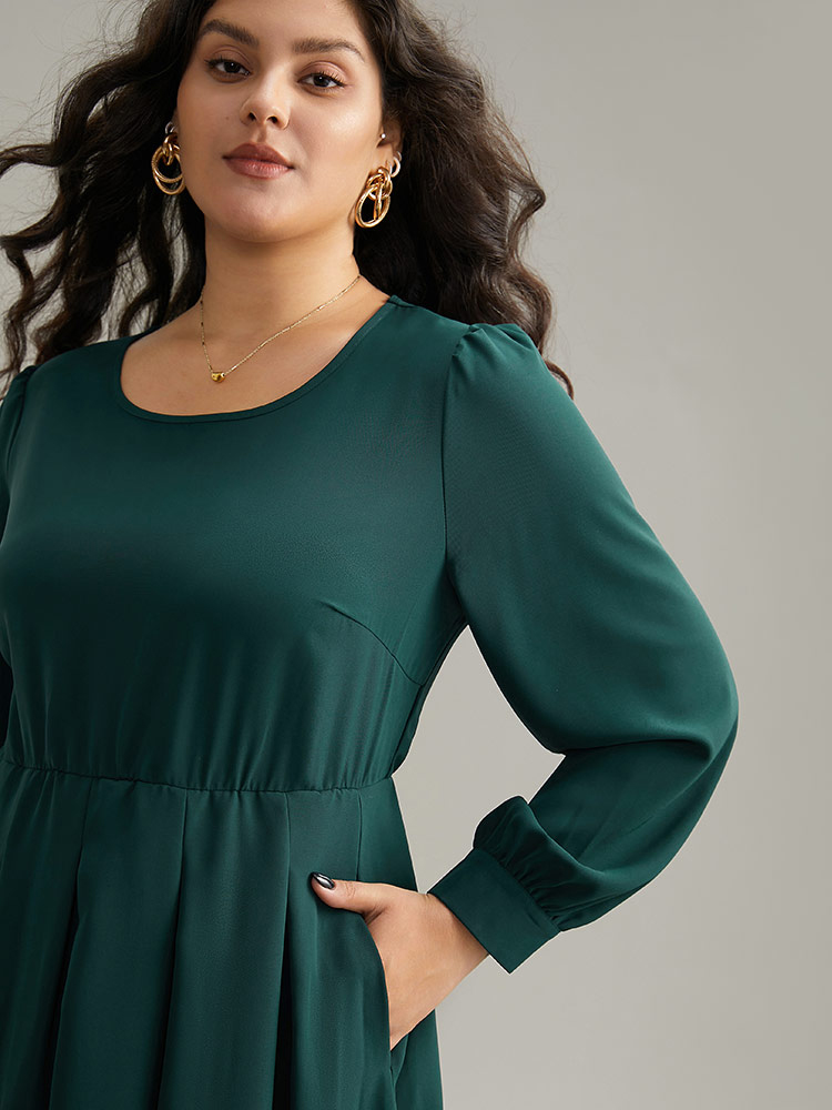 

Plus Size Static-Free Plain Pleated Pocket Dress DarkGreen Women Elegant Plain Round Neck Long Sleeve Curvy Midi Dress BloomChic