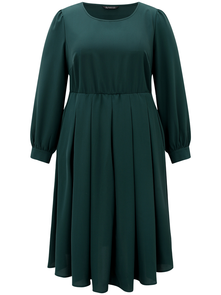 Plus Size Static-Free Plain Pleated Pocket Dress DarkGreen Women Elegant Plain Round Neck Long Sleeve Curvy Midi Dress BloomChic 30/6X 