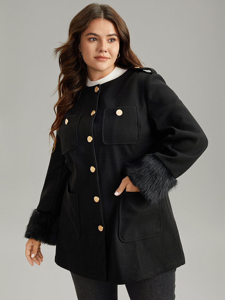 

Plus Size Solid Fuzzy Sleeve Pocket Metal Detail Coat Women Black Casual Plain Ladies Dailywear Winter Coats BloomChic