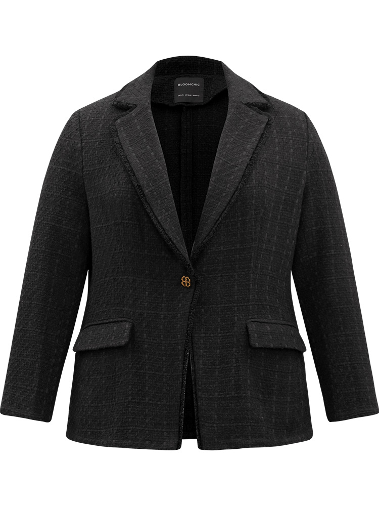 

Plus Size Plain Tweed Plisse Pocket Button Through Blazer Black Women Dailywear Plain Texture Sleeve Long Sleeve Suit Collar  Pocket Elegant Blazers BloomChic