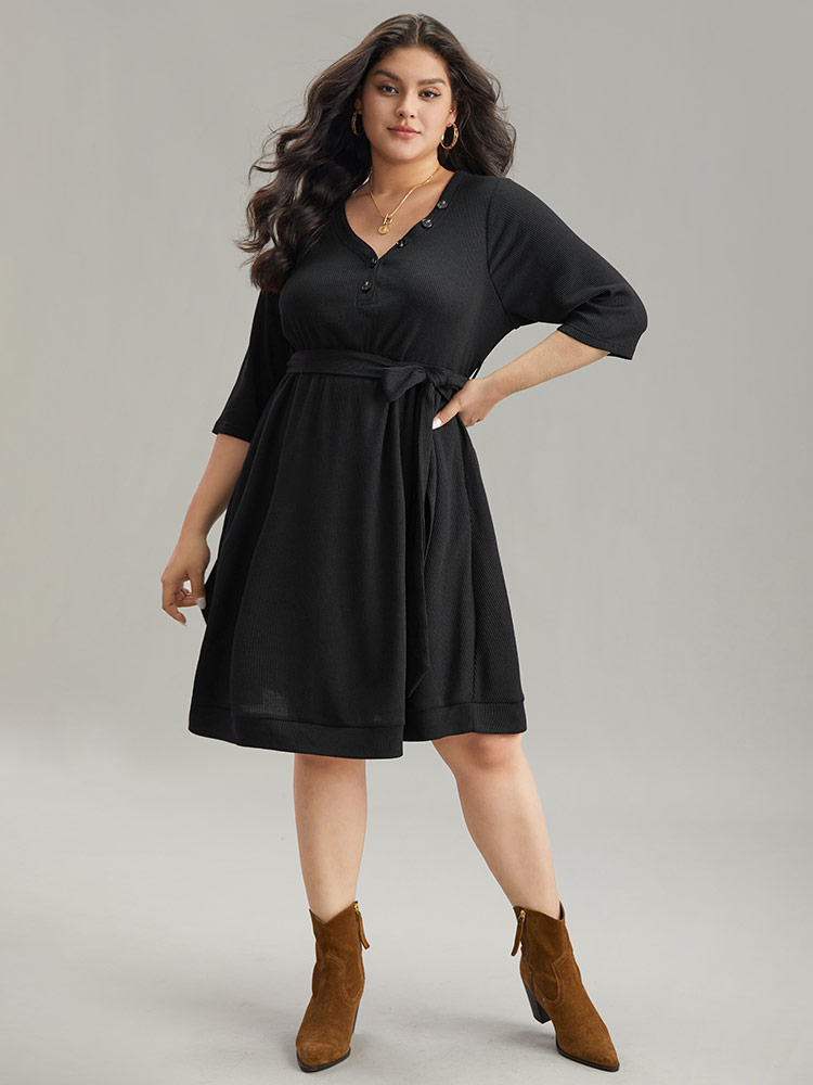 

Plus Size Waffle Knit Button Detail Belted Dress Black Women Casual Plain V-neck Elbow-length sleeve Curvy Midi Dress BloomChic