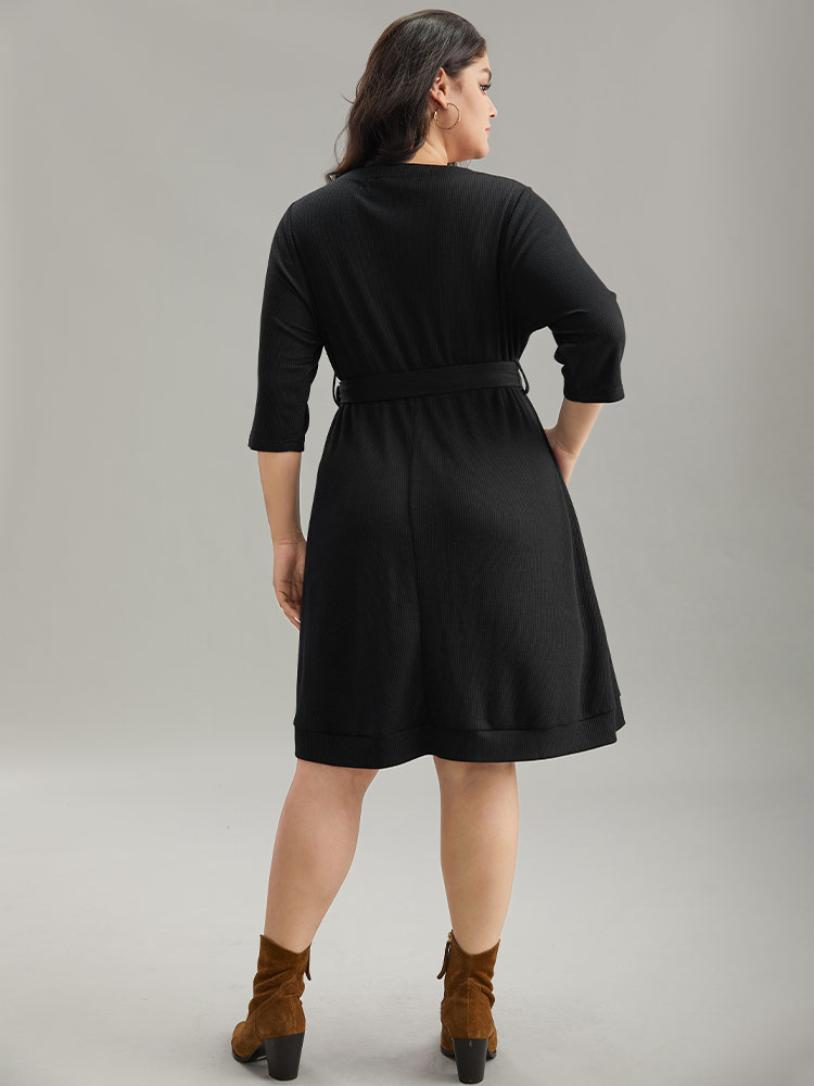 Plus Size Waffle Knit Button Detail Belted Dress Black Women Casual Plain V-neck Elbow-length sleeve Curvy Midi Dress BloomChic 14-16/1X 