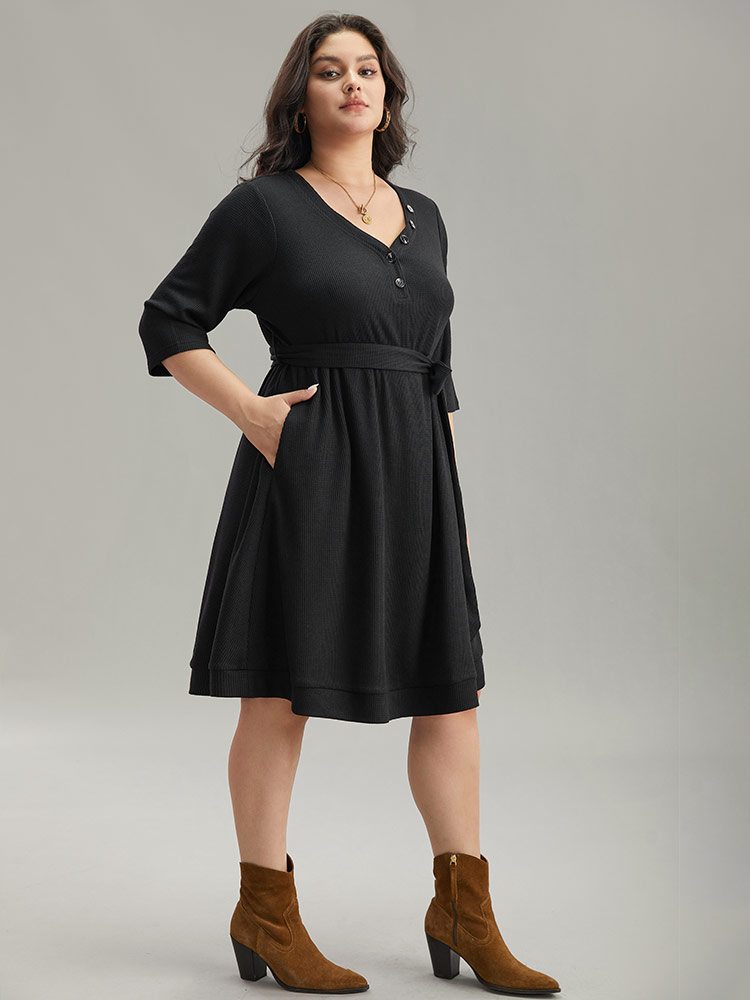 Plus Size Waffle Knit Button Detail Belted Dress Black Women Casual Plain V-neck Elbow-length sleeve Curvy Midi Dress BloomChic 14-16/1X 