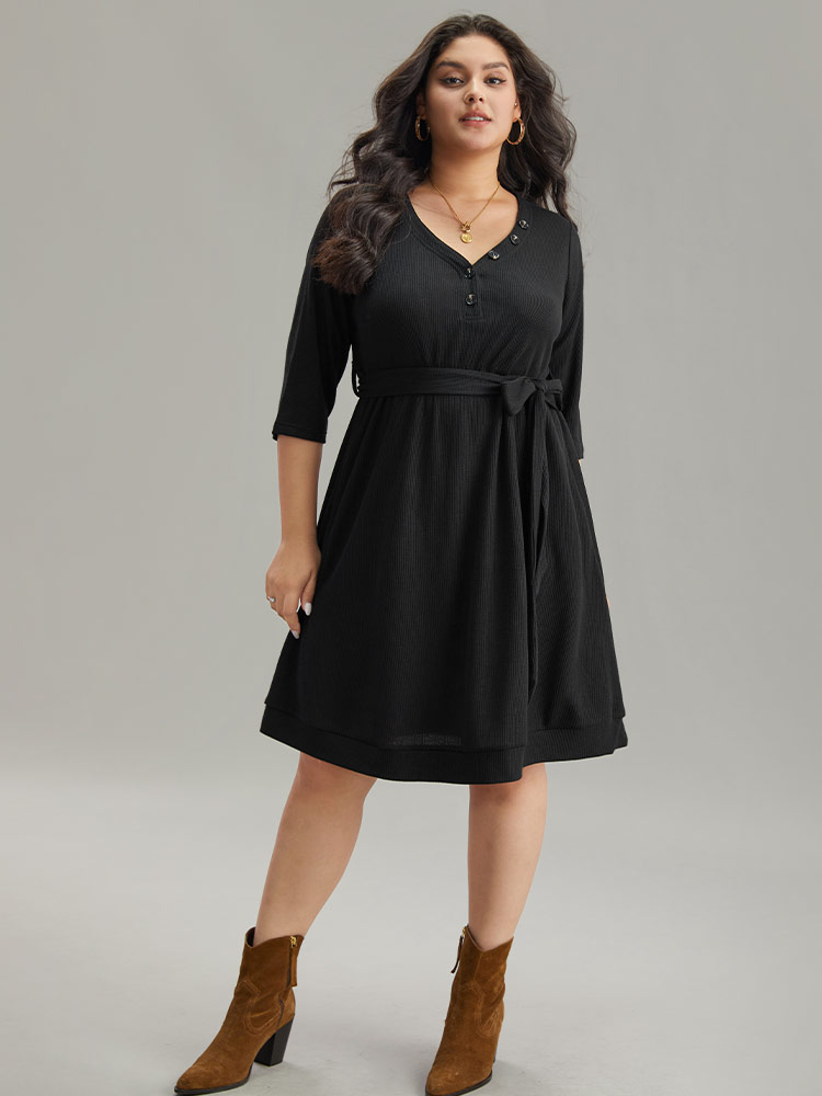 

Plus Size Waffle Knit Button Detail Belted Dress Black Women Plain V-neck Elbow-length sleeve Curvy Midi Dress BloomChic