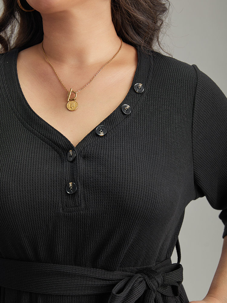 Plus Size Waffle Knit Button Detail Belted Dress Black Women Casual Plain V-neck Elbow-length sleeve Curvy Midi Dress BloomChic 14-16/1X 