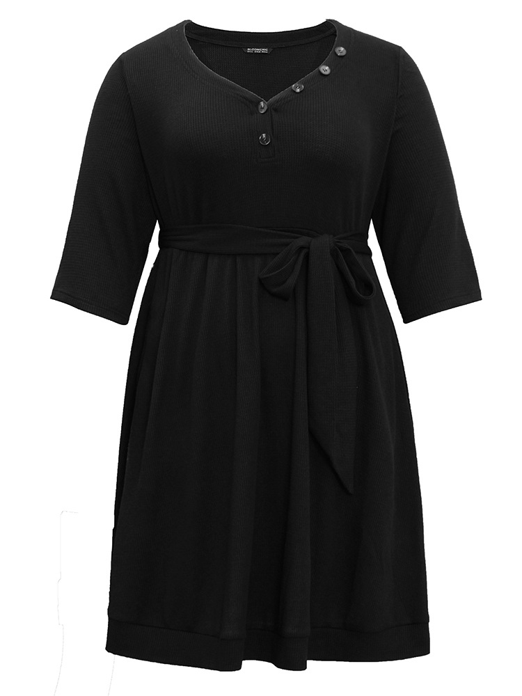 Plus Size Waffle Knit Button Detail Belted Dress Black Women Casual Plain V-neck Elbow-length sleeve Curvy Midi Dress BloomChic 14-16/1X 