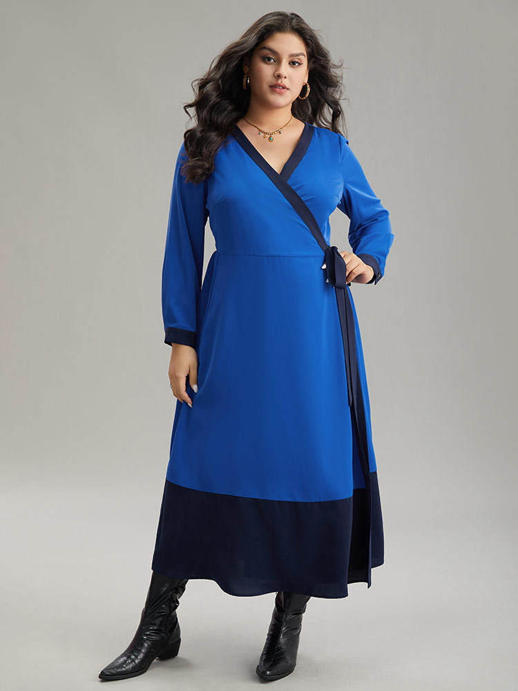 

Plus Size Static-Free Two Tone Wrap Ties Pocket Dress Blue Women Wrap V-neck Long Sleeve Curvy Midi Dress BloomChic