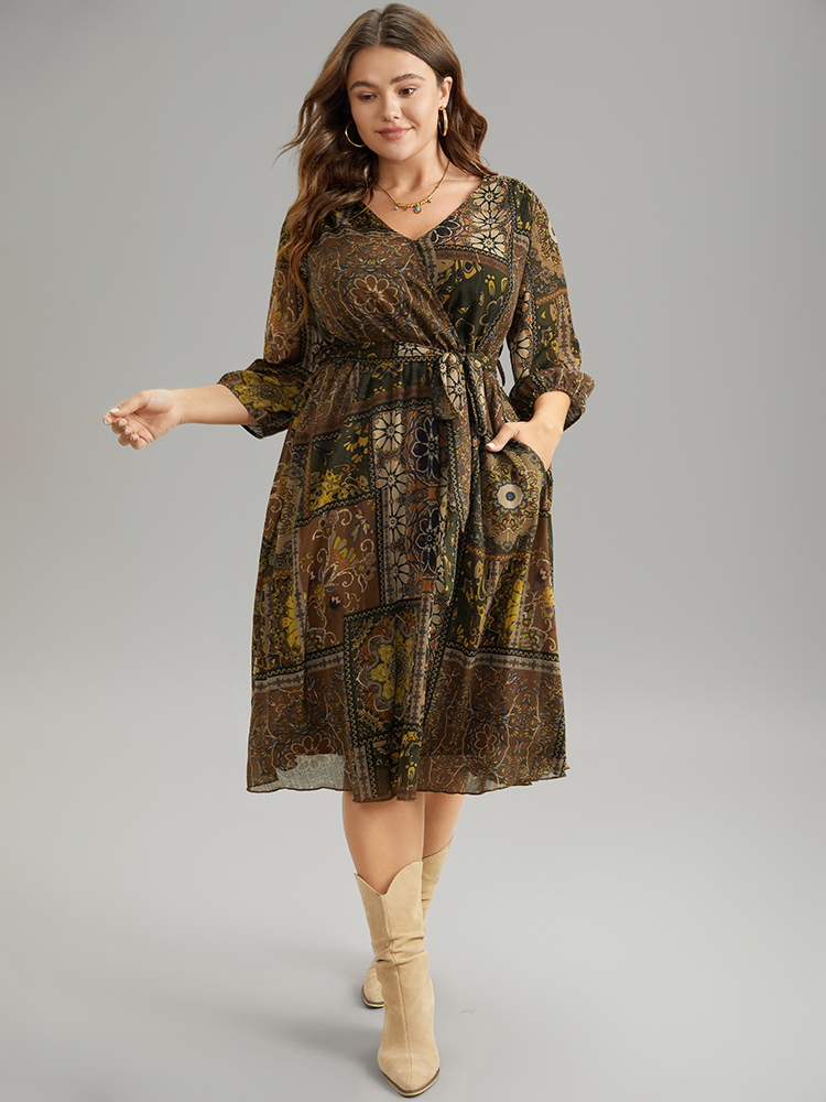 

Plus Size Boho Print Wrap Elastic Waist Belted Dress LightBrown Women Vacation Elastic cuffs V-neck Elbow-length sleeve Curvy Midi Dress BloomChic