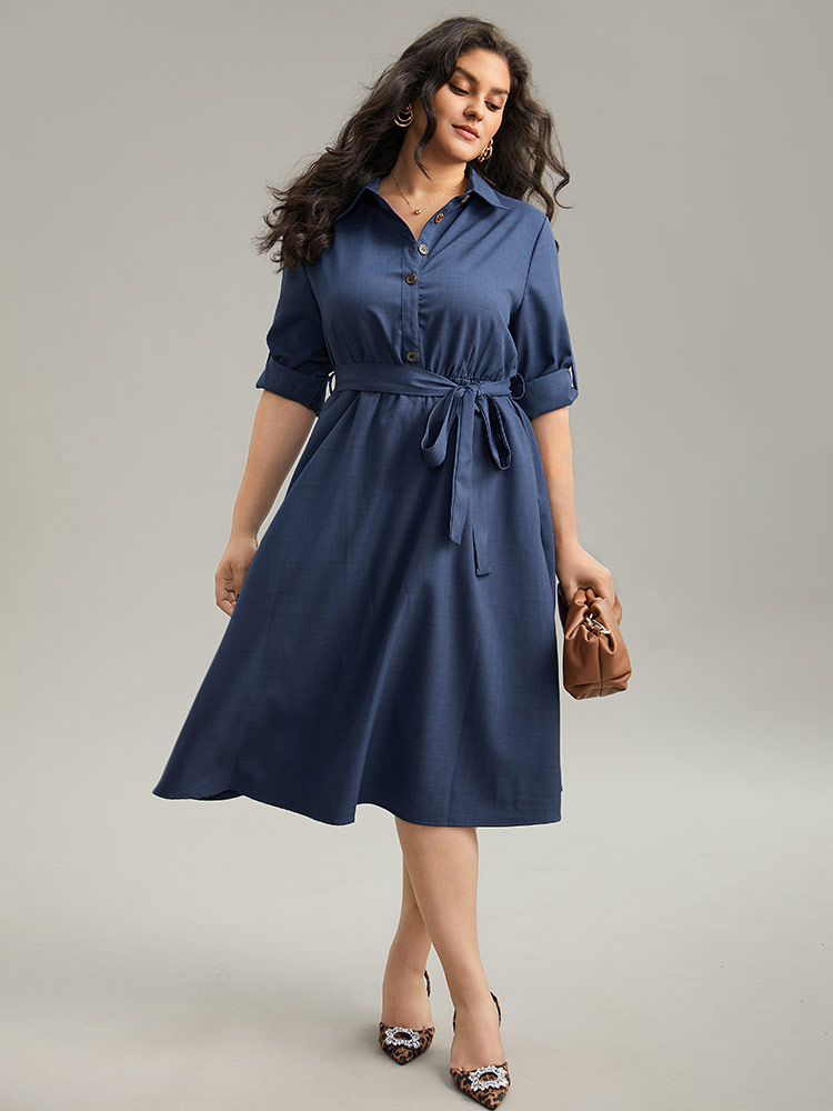 

Plus Size Static-Free solid Belted Tab Sleeve Dress Indigo Women Office Plain Shirt collar Long Sleeve Curvy Midi Dress BloomChic