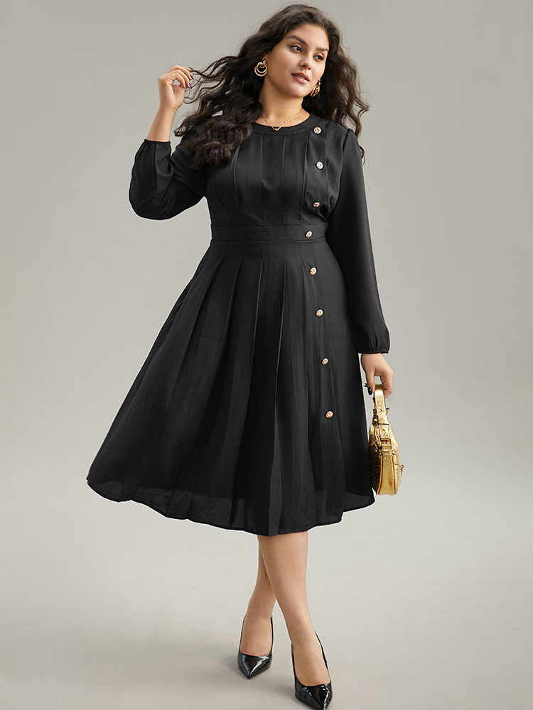 

Plus Size Static-Free Metal Detail Plicated Detail Dress Black Women Office Elastic cuffs Round Neck Long Sleeve Curvy Midi Dress BloomChic