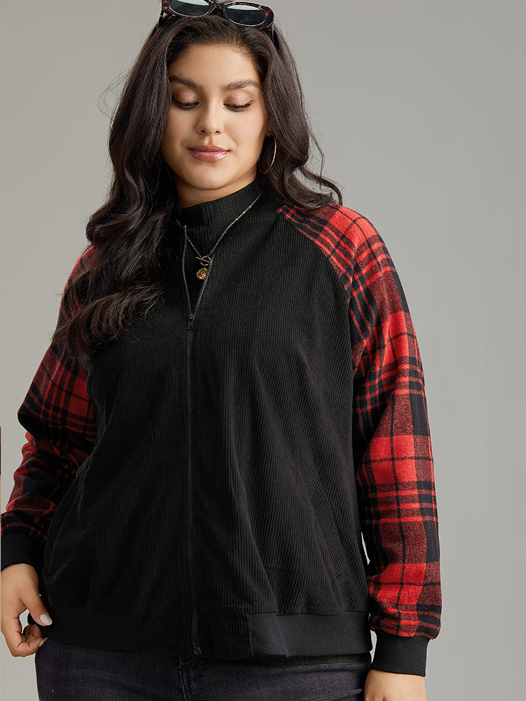 

Plus Size Plaid Patchwork Zipper Pocket Bomber Jacket Women Black Elastic cuffs Pocket Dailywear Jackets BloomChic