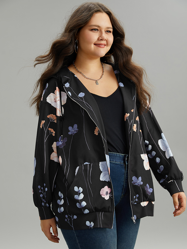 

Plus Size Floral Print Zipper Hooded Pocket Windbreaker Women Black Printed Pocket Dailywear Jackets BloomChic