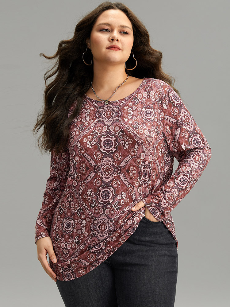 Plus Size Women Dailywear Bohemian Print Printed Regular Sleeve Long Sleeve Round Neck Casual T-shirts BloomChic 