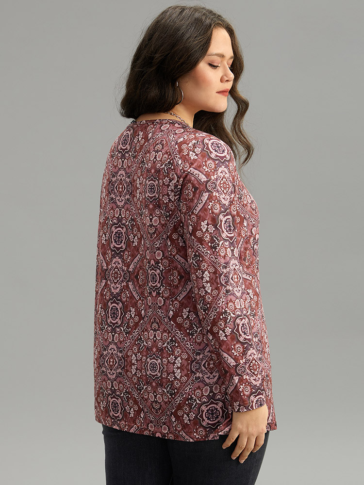 Plus Size Women Dailywear Bohemian Print Printed Regular Sleeve Long Sleeve Round Neck Casual T-shirts BloomChic 