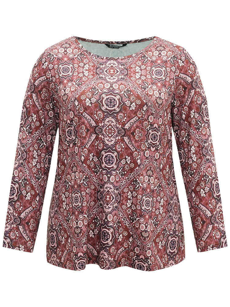 Plus Size Women Dailywear Bohemian Print Printed Regular Sleeve Long Sleeve Round Neck Casual T-shirts BloomChic 