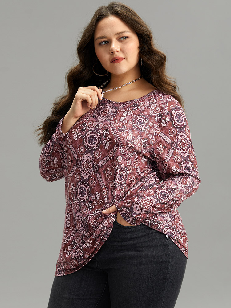Plus Size Women Dailywear Bohemian Print Printed Regular Sleeve Long Sleeve Round Neck Casual T-shirts BloomChic 