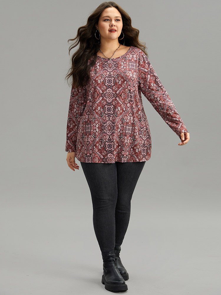 Plus Size Women Dailywear Bohemian Print Printed Regular Sleeve Long Sleeve Round Neck Casual T-shirts BloomChic 