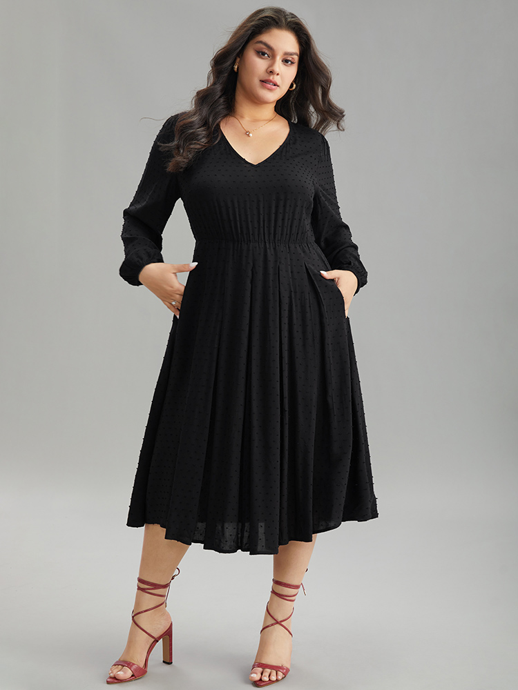 

Plus Size Static-Free Solid Lantern Sleeve Pleated Dress Black Women Elegant Elastic cuffs Round Neck Long Sleeve Curvy Midi Dress BloomChic