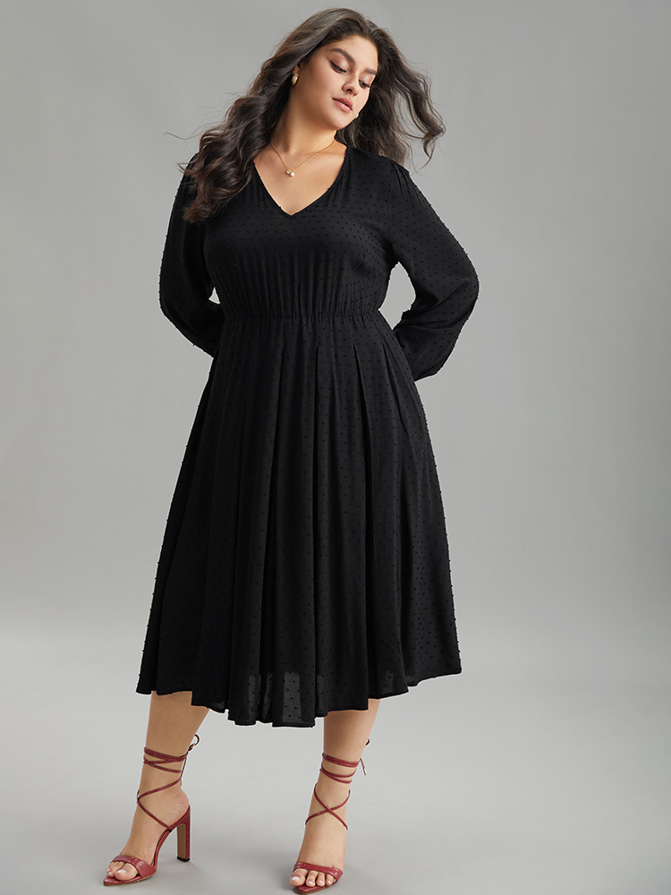 

Plus Size Static-Free Solid Lantern Sleeve Pleated Dress Black Women Elegant Elastic cuffs Round Neck Long Sleeve Curvy Midi Dress BloomChic