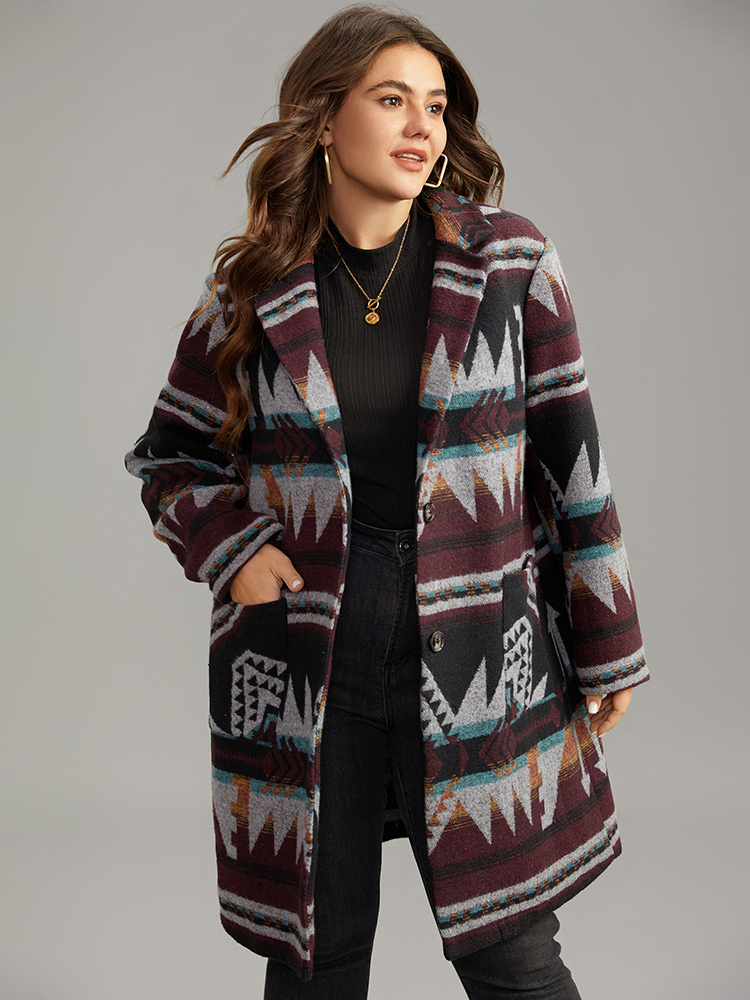 

Plus Size Geometric Button Up Lapel Collar Coat Women DarkBrown Casual Printed Ladies Dailywear Winter Coats BloomChic