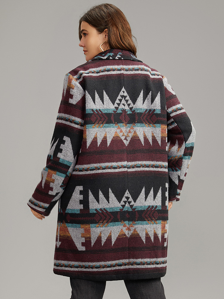 Plus Size Geometric Button Up Lapel Collar Coat Women DarkBrown Casual Printed Ladies Dailywear Winter Coats BloomChic 22-24/3X 