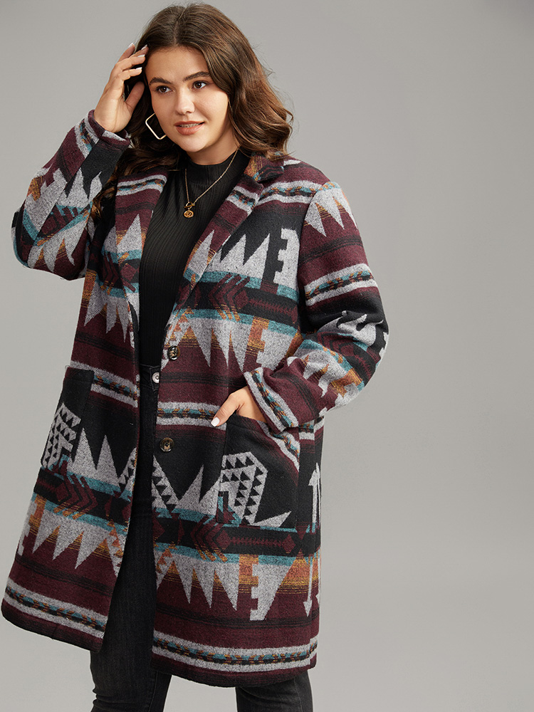 Plus Size Geometric Button Up Lapel Collar Coat Women DarkBrown Casual Printed Ladies Dailywear Winter Coats BloomChic 22-24/3X 