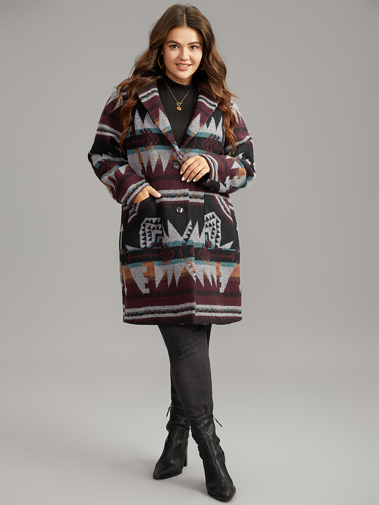 Plus Size Geometric Button Up Lapel Collar Coat Women DarkBrown Casual Printed Ladies Dailywear Winter Coats BloomChic 22-24/3X 