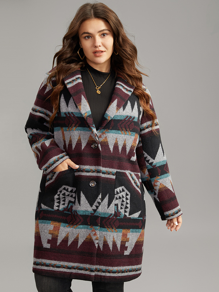 Plus Size Geometric Button Up Lapel Collar Coat Women DarkBrown Casual Printed Ladies Dailywear Winter Coats BloomChic 22-24/3X 