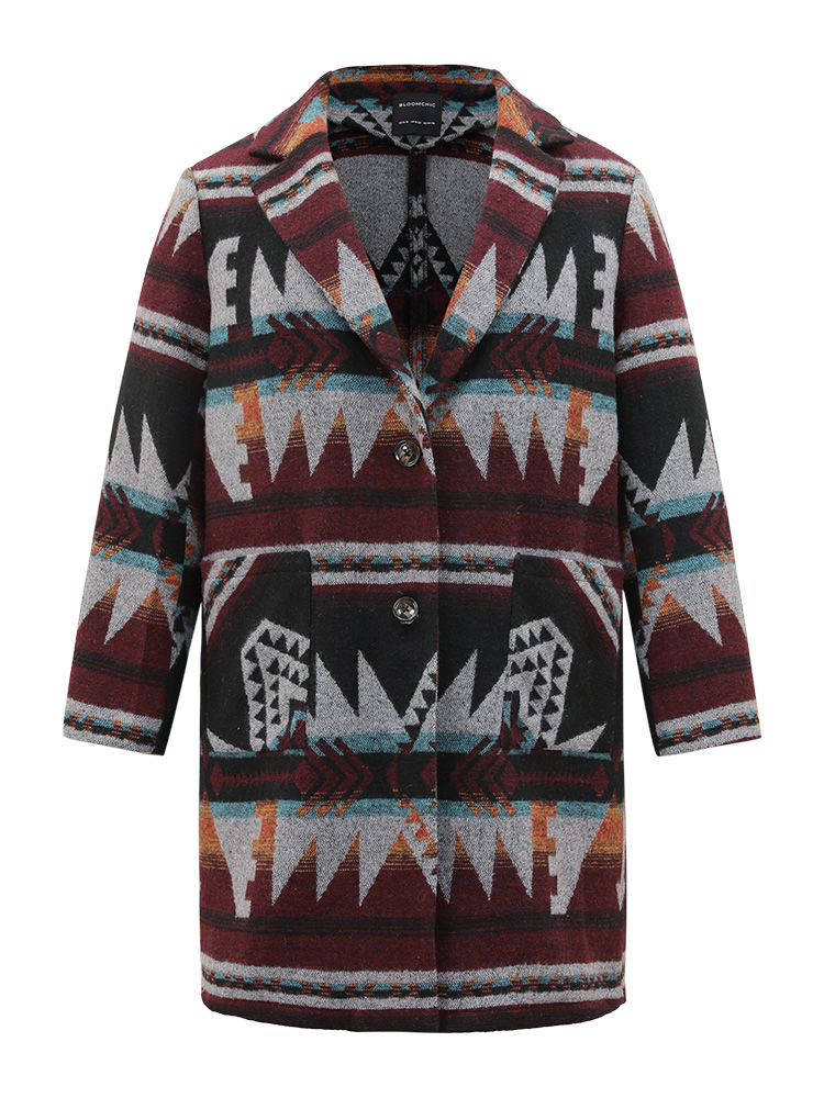 Plus Size Geometric Button Up Lapel Collar Coat Women DarkBrown Casual Printed Ladies Dailywear Winter Coats BloomChic 22-24/3X 