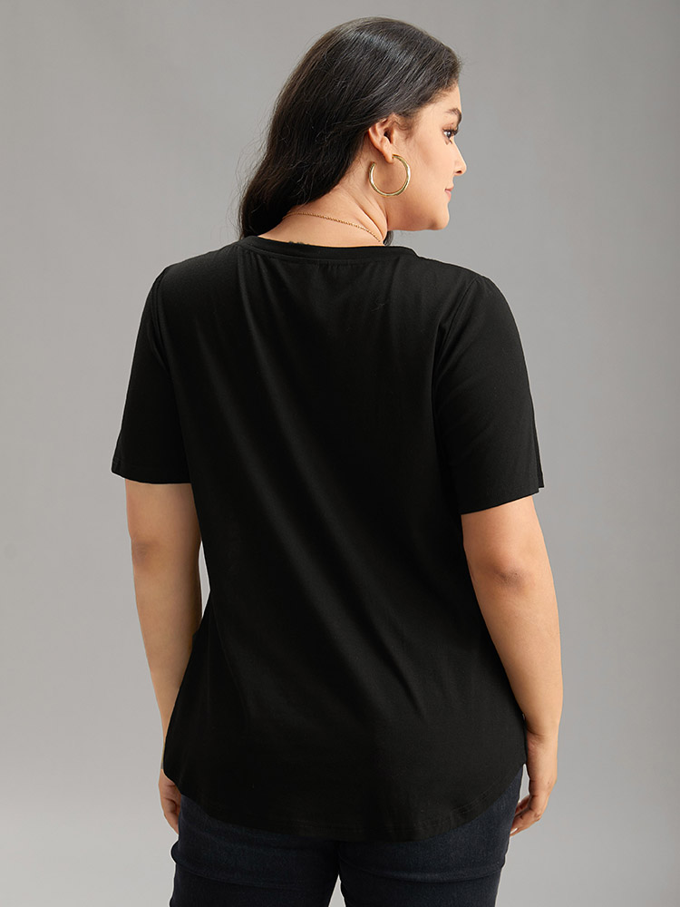 Plus Size Floral Striped Patchwork Patched Pocket T-shirt Black Women Casual Printed Striped Round Neck Dailywear T-shirts BloomChic 12/L 