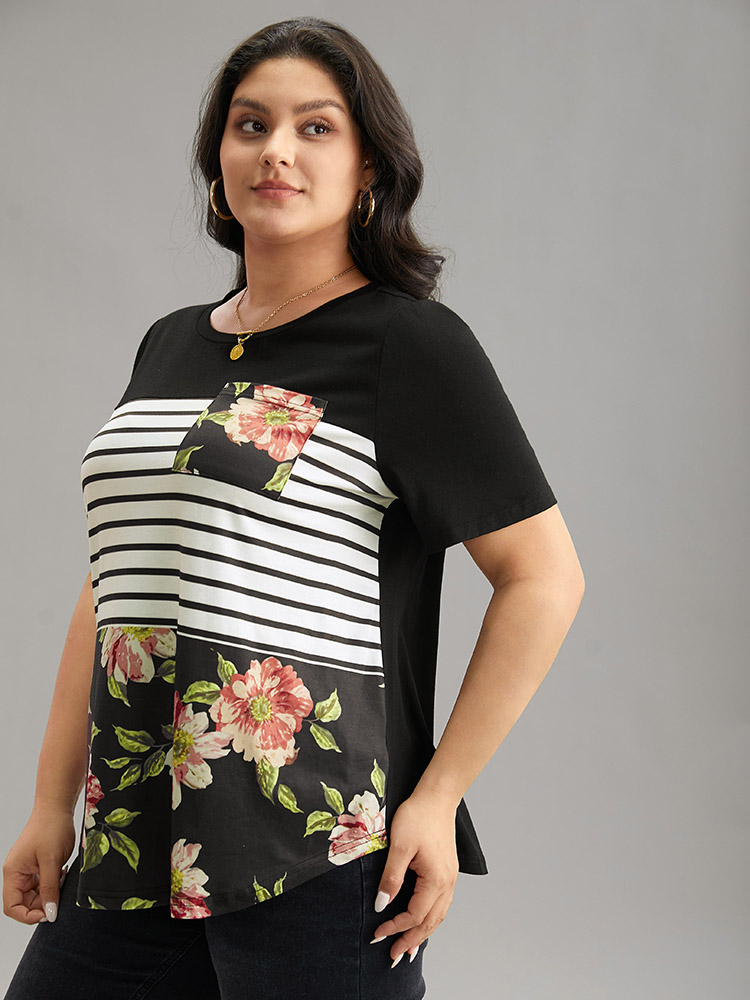 

Plus Size Floral Striped Patchwork Patched Pocket T-shirt Black Women Casual Printed Striped Round Neck Dailywear T-shirts BloomChic