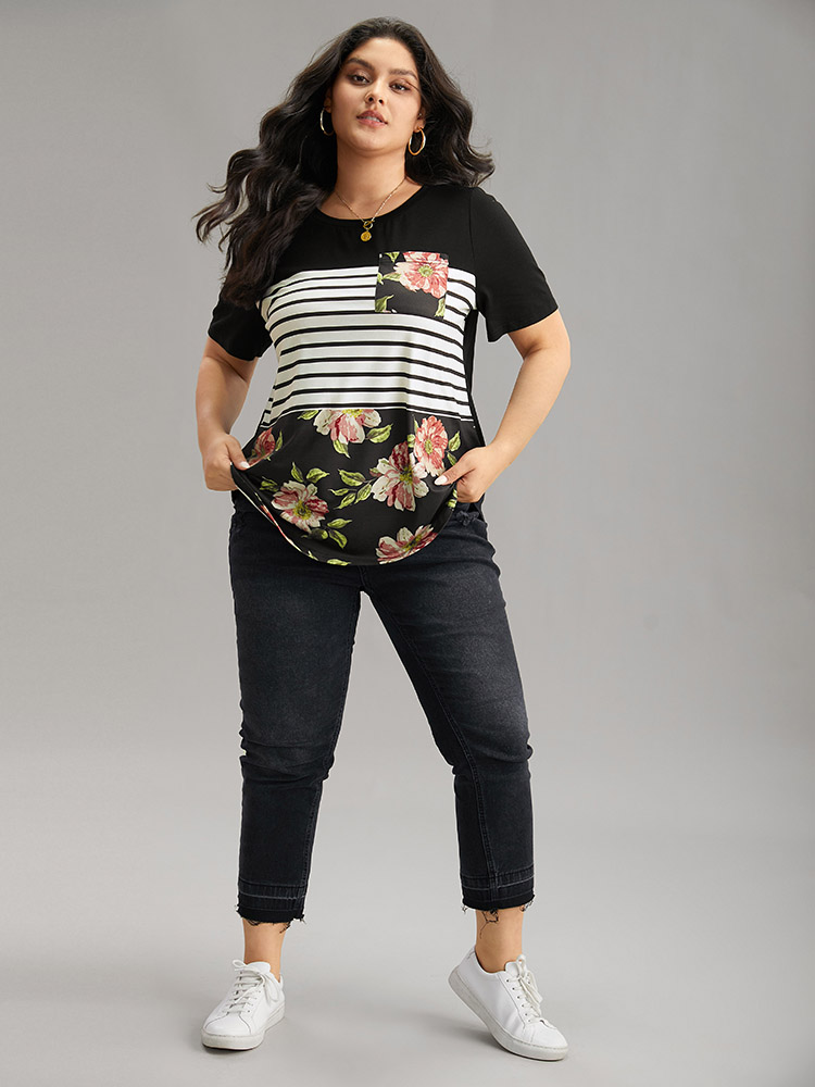 Plus Size Floral Striped Patchwork Patched Pocket T-shirt Black Women Casual Printed Striped Round Neck Dailywear T-shirts BloomChic 12/L 