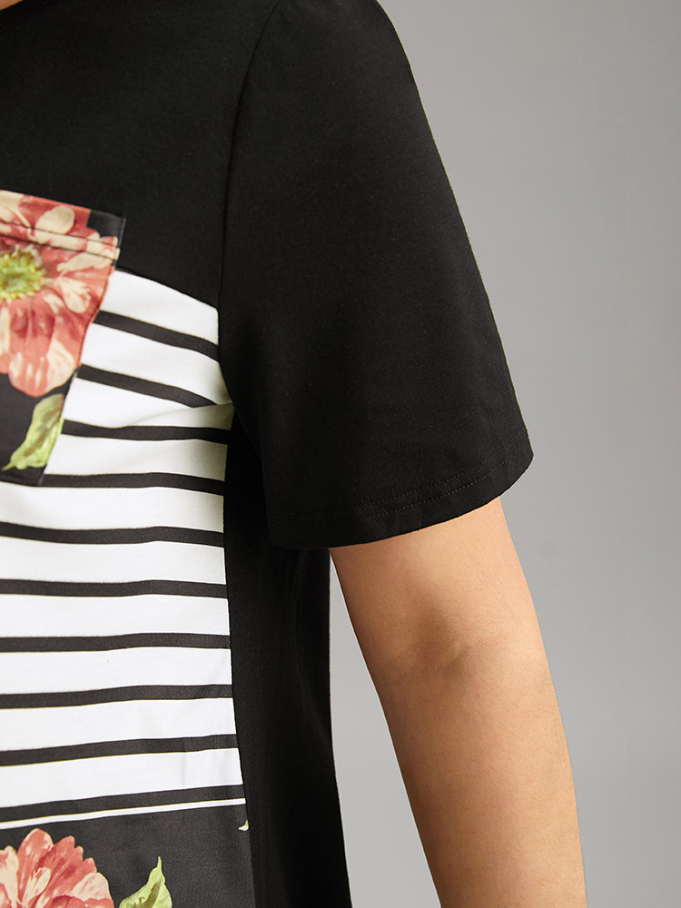 Plus Size Floral Striped Patchwork Patched Pocket T-shirt Black Women Casual Printed Striped Round Neck Dailywear T-shirts BloomChic 12/L 