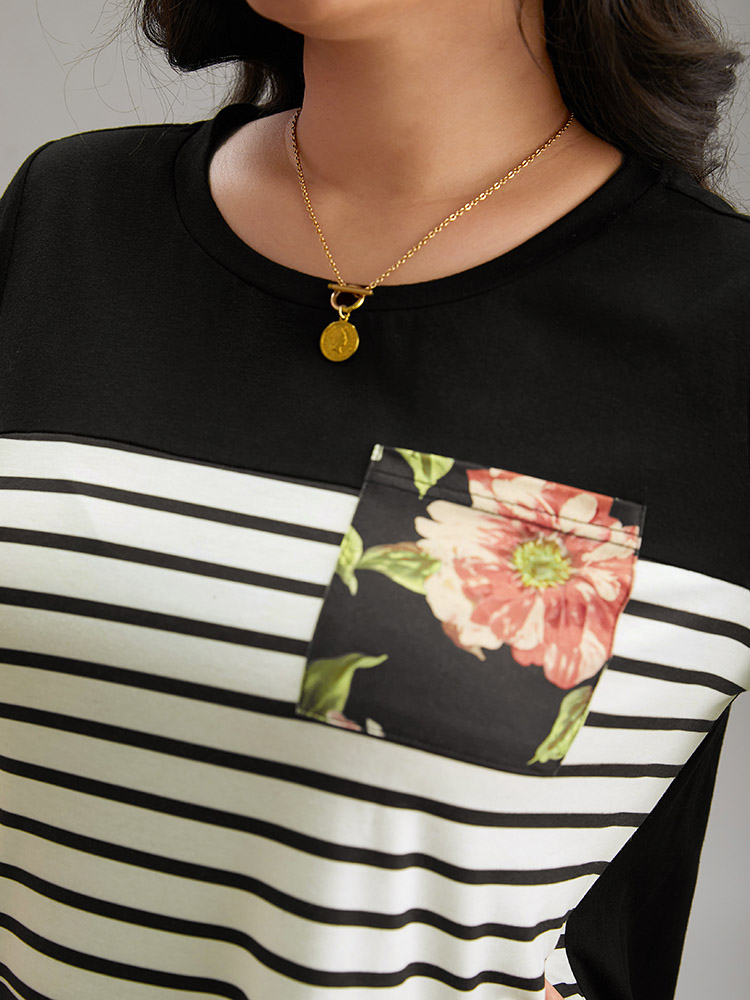 Plus Size Floral Striped Patchwork Patched Pocket T-shirt Black Women Casual Printed Striped Round Neck Dailywear T-shirts BloomChic 12/L 