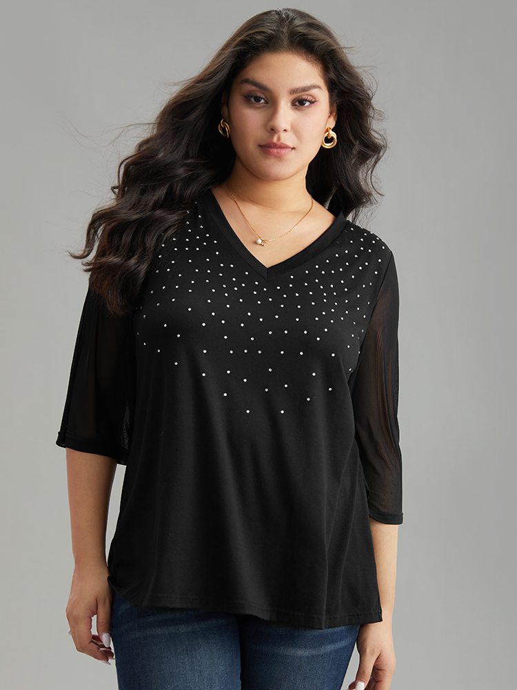 

Plus Size Plain Patchwork Mesh Rhinestone Detailing T-shirt Black Women Elegant Rhinestone detailing Galaxy V-neck Dailywear T-shirts BloomChic